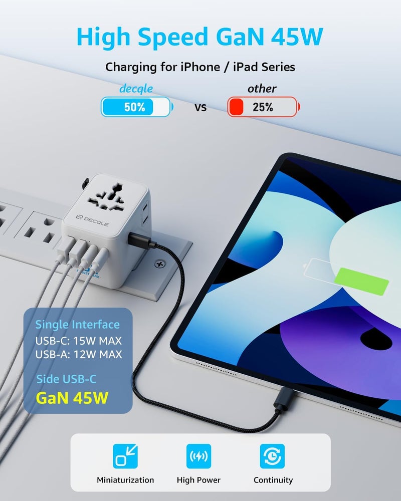 D DECQLE Universal Travel Adapter, International Travel Plug Adapter with 3 USB-C ＆ 2 USB-A Ports 45W, All in One Portable Socket, for USA, UK, EU, AU ＆ 224+ Countries (White) - Image 3